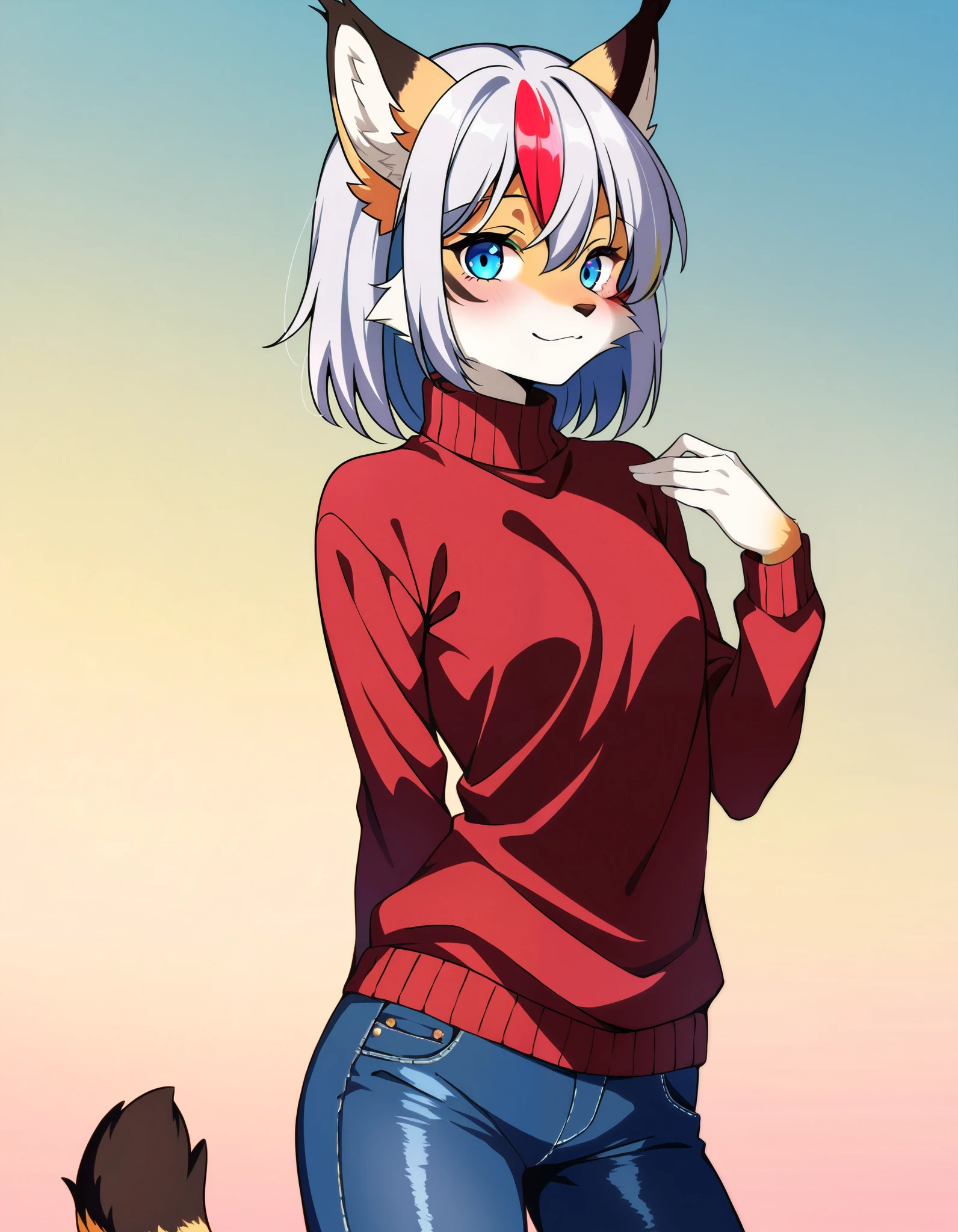 score_9,score_8_up,score_7_up,source_anime, 1girl, solo, digital_media_(artwork) hi_res,, beautiful, anthro, furry, female, furry female, detailed textured fur, fur tufts, lynx, slim, slender, small breasts, cute, sweater, denim jeans, multicolor hair, streaked hair, red blue blonde silver hair, blonde fur, beautiful blue eyes, smile, solo,