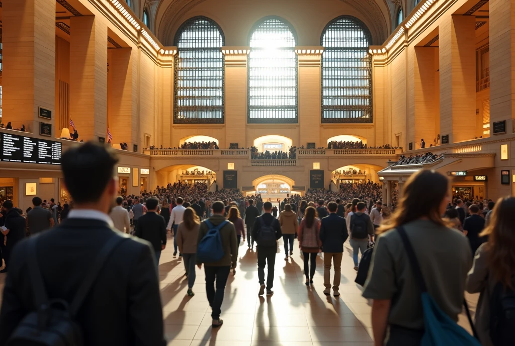 ((masterpiece, highest quality, Highest image quality, High resolution, photorealistic, Raw photo, Extremely detailed CG unified 8k wallpaper)), Busy Train Station, Tstation interior, morning rush hour, crowded with many office workers and students, stairs leading to the platform, view from below,