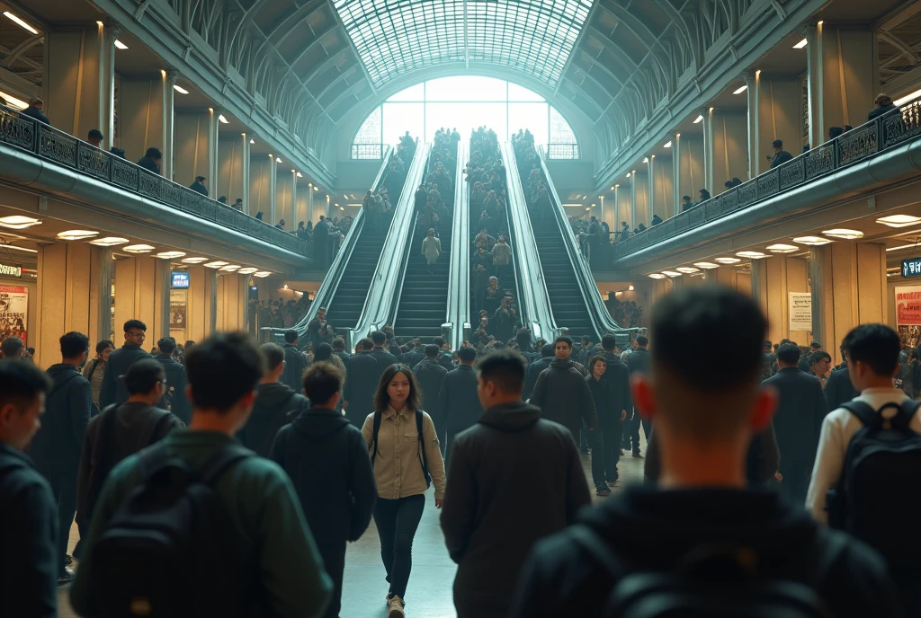 ((masterpiece, highest quality, Highest image quality, High resolution, photorealistic, Raw photo, Extremely detailed CG unified 8k wallpaper)), Busy Train Station, Tstation interior, morning rush hour, crowded with many office workers and students, stairs leading to the platform, view from below, view from behind,