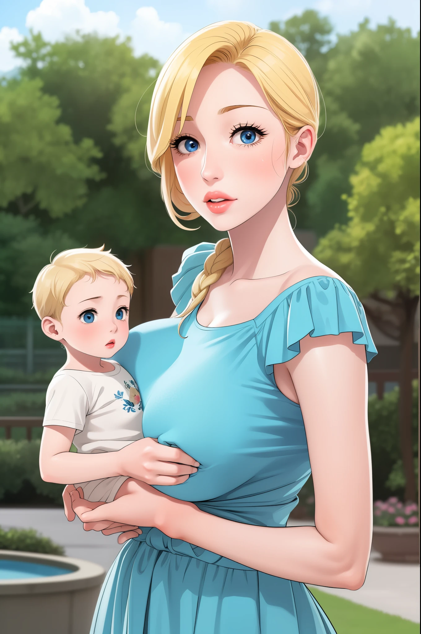 A beautiful blonde blue eyes mother with her cute son. Garden in back