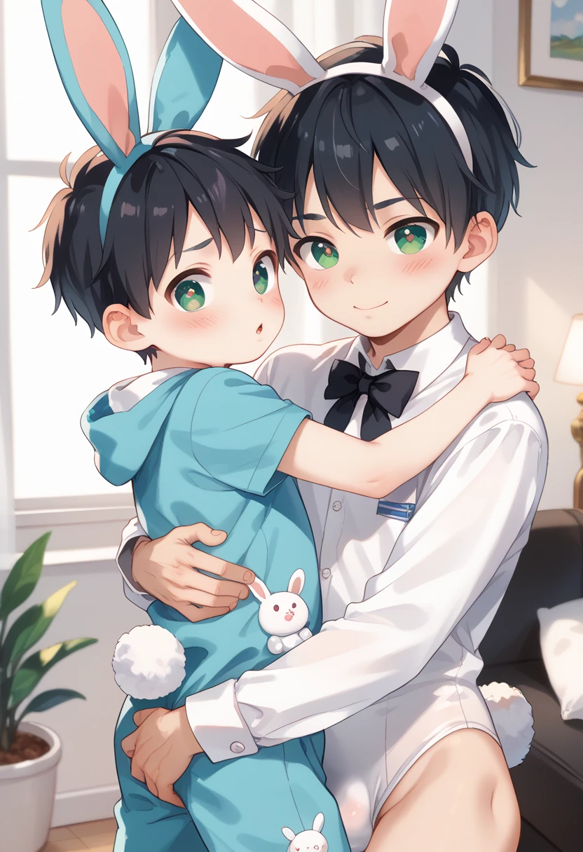 Comic style, comic anime cute boy, black hair, green eyes, slightly blushing, is a primary school boy, baby clothes, bunny suit pink, cute face, big eyes, anime drawing style, shota boy size,slim body, boy's body, gay, boys love it, man and boy, heart in pupil baby boy, small boy, arm hug holding boyfriend, baby bunny clothes 