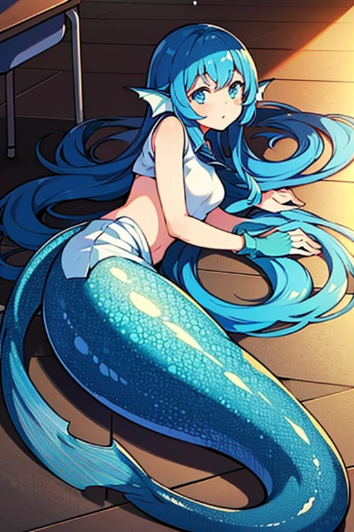 a mermaid, 1 girl, detailed blue scales, long flowing hair, no scales on her upper body and her arms, full body shot, single tail fin, she has a reddish cheek, Including the entire lower body, Covered in scales up to the waist, web-hands, blue eyes, masterpiece, high quality, 4k, hdr, in the classroom, confused, lie down on the floor, school uniform, long lower body, embarrassing, fish fin, the waist is boundary between humans and fish