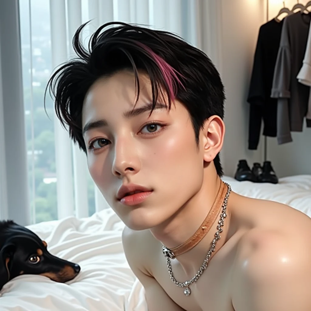 hay un hombre tendido sobre una alfombra blanca con un perro, , soft and pale skin, arafed asian man with orange hair and black shirt, Jiwoong Kim, Lee Know, pale korean male face, 20 year old man with thin face, un hombre guapo,pelo corto naranja, inspirado en Kim Jiwoong, pale skin curly copper hair, modelo masculimo, Kim Jiwoong, with pale skin, al estilo de Lee Know, very very very pale skin, grupo ZB1, grupo ZeroBaseOne, asian eyes, aegyosal, nariz masculina, cara masculina, pecas, asian eyes azules.