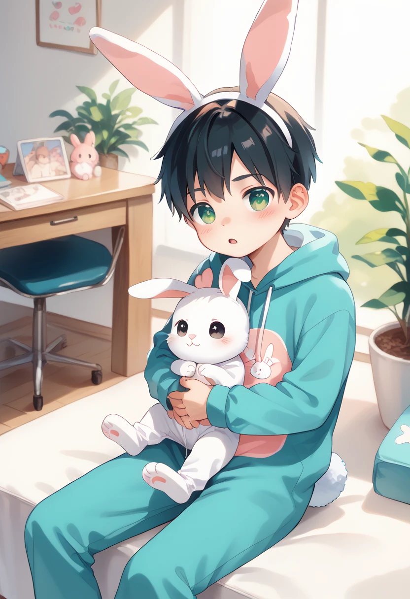 Comic style, comic anime cute boy, black hair, green eyes, slightly blushing, is a , baby clothes, bunnit pink, cute face, big eyes, anime drawing style, shota boy size,slim body, boy's body, gay, boys love it, man and boy, heart in pupil baby boy, small boy, aug holdingriend, baby bunny clothes, sitting 