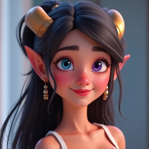 Long Hair, Blue eyes, High Resolution, Looking at viewer, Smile, Hair Between Eyes, Purple Eyes, Hair Ribbon, Earrings, High Resolution, Best Quality, High Quality, Quality, Super Detailed, Anatomically Correct, Horns, 3D Rendering, 8K Octane, Digital Art, Pixar, Pixel Art, Pixel Assets, Soft Colors, Social Realism, Romanticism, Realism, 