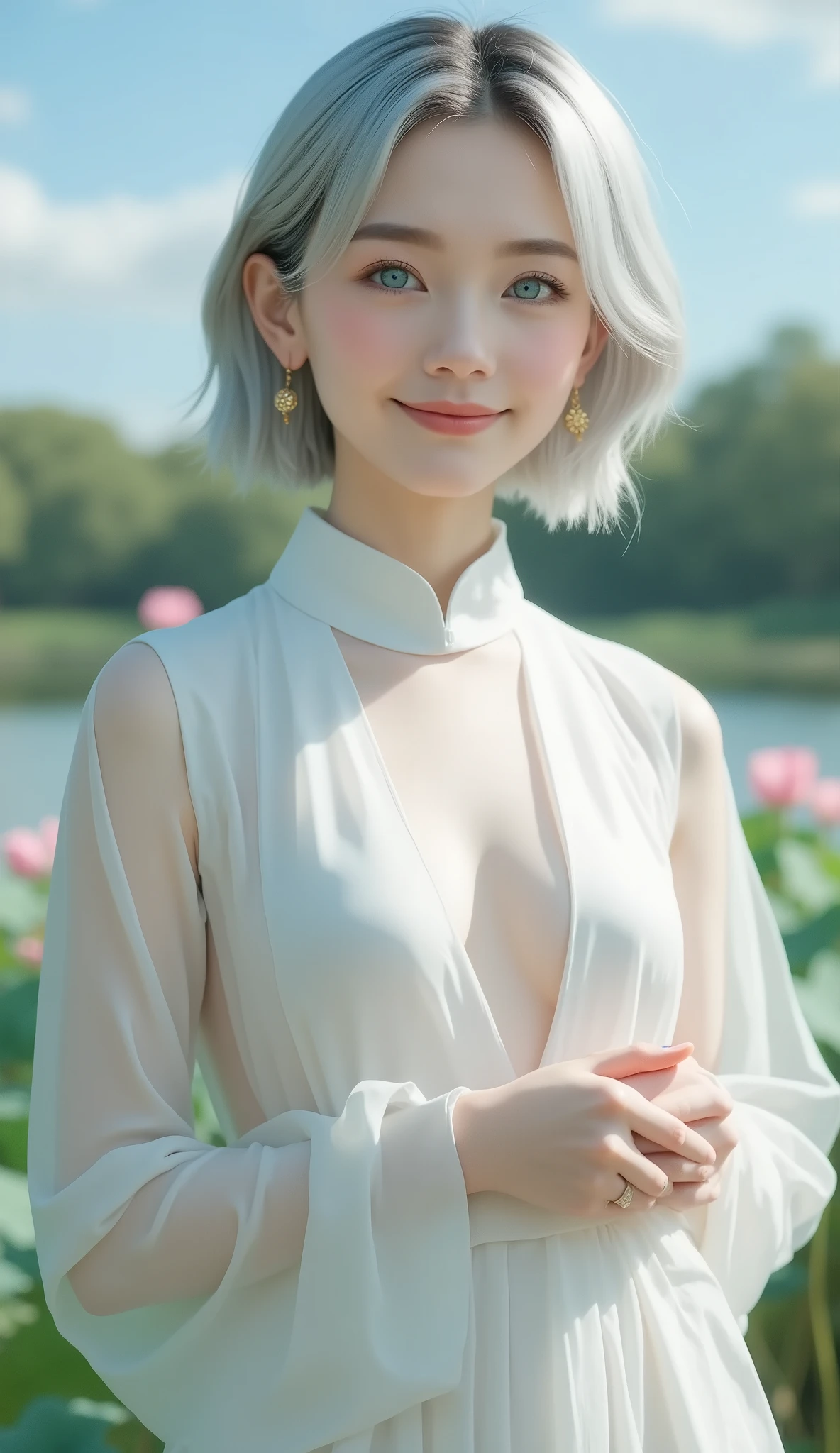 masterpiece, best quality, high definition , portrait, ((( Detailed Description 、8k resolution))), ((( beautiful faces drawn in detail ))),Full body angle,Grinning face、Alone, bright light blue eyes , (( Beautiful silky silver hair 、 short bob、 shortcut that doesn't shed bangs))、(((Beautiful Ao Dai:1.3、Ao Dai,Beautiful White Ao Dai)))、Outdoors、Lake Lotus