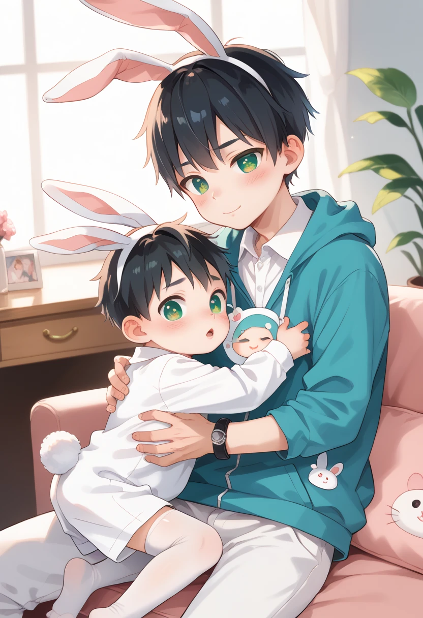 Comic style, comic anime cute boy, black hair, green eyes, slightly blushing, is a primary school boy, baby clothes, bunny suit pink, cute face, big eyes, anime drawing style, shota boy size,slim body, boy's body, gay, boys love it, man and boy, heart in pupil baby boy, small boy, arm hug holding boyfriend, baby bunny clothes, hugging boyfriend 