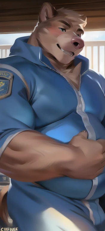 score_9, score_8_up, score_7_up, rating_explicit, source_anime, blue uniform, Crouching, butt, Torn jumpsuit, man, nipple navel, torn, low angle, Front view, abs
