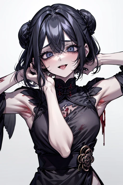 masterpiece, zoom out, score_9, score_8_up, score_7_up, portrait, 1 girl, alone, black hair, long hair, long parted bangs, white eyes, black sclera, (blood tears, small smile), evil, parted lips, expressionless, big breasts, upper body, V-neck strap basic dress, black bottom, best quality, long split bangs.