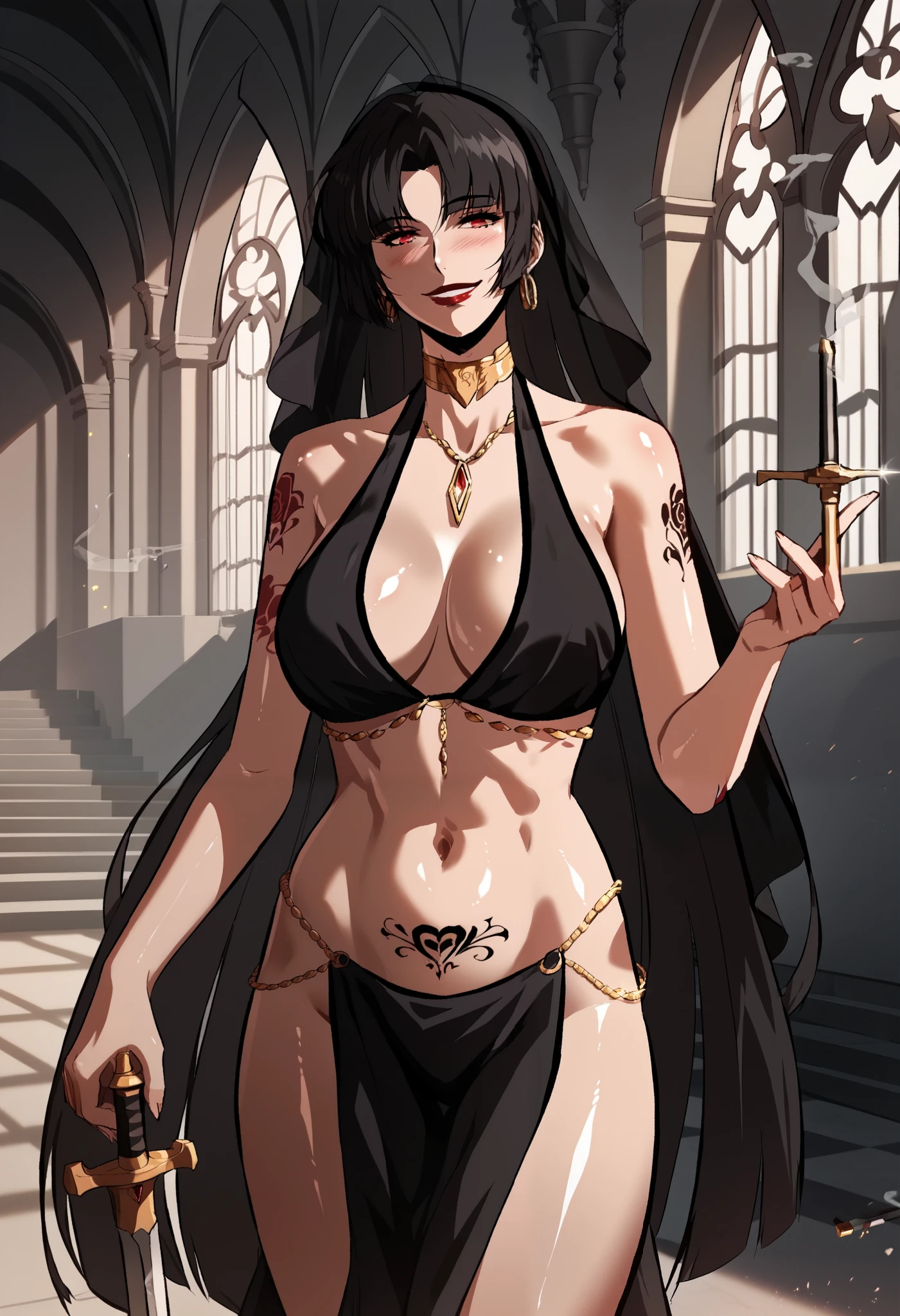 Moebius, red eyes, black hair, very long hair, large breasts, ear piercing, long hair, blush, lipstick,Hot girl, baddie, bad attitude, mean girl,smoking, sensual, attractive, masterpiece, best quality, highly detailed ,,gold_choker, complex detailed background,
inside,holding a sword, sword, belly_chain,harem_outfit,navel, necklace,
pelvic_curtain,revealing_clothes, veil,masterpiece,best quality,1girl,mature,evil smile, smile,
female,mature,necklace,pendant, (nsfw) not safe for work, exposed belly, exposed navel, exposed
midriff, exposed lower belly, , castle,inside castle,,, tattoo on body, tattoo midriff, rose tattoo, shiny skin