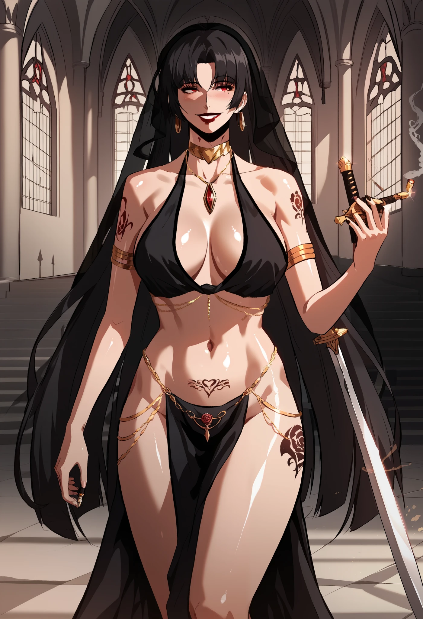 Moebius, red eyes, black hair, very long hair,  large breasts, ear piercing, long hair, blush, lipstick,Hot girl, baddie, bad attitude, mean girl,smoking, sensual, attractive, masterpiece, best quality, highly detailed ,,gold_choker, complex detailed background,
inside,holding a sword, sword, belly_chain,harem_outfit,navel, necklace,
pelvic_curtain,revealing_clothes, veil，masterpiece,best quality,1girl,mature,evil smile, smile,
female,mature,necklace,pendant, (nsfw) not safe for work, exposed belly, exposed navel, exposed
midriff, exposed lower belly, , castle,inside castle,,, tattoo on body, tattoo midriff, rose tattoo, shiny skin