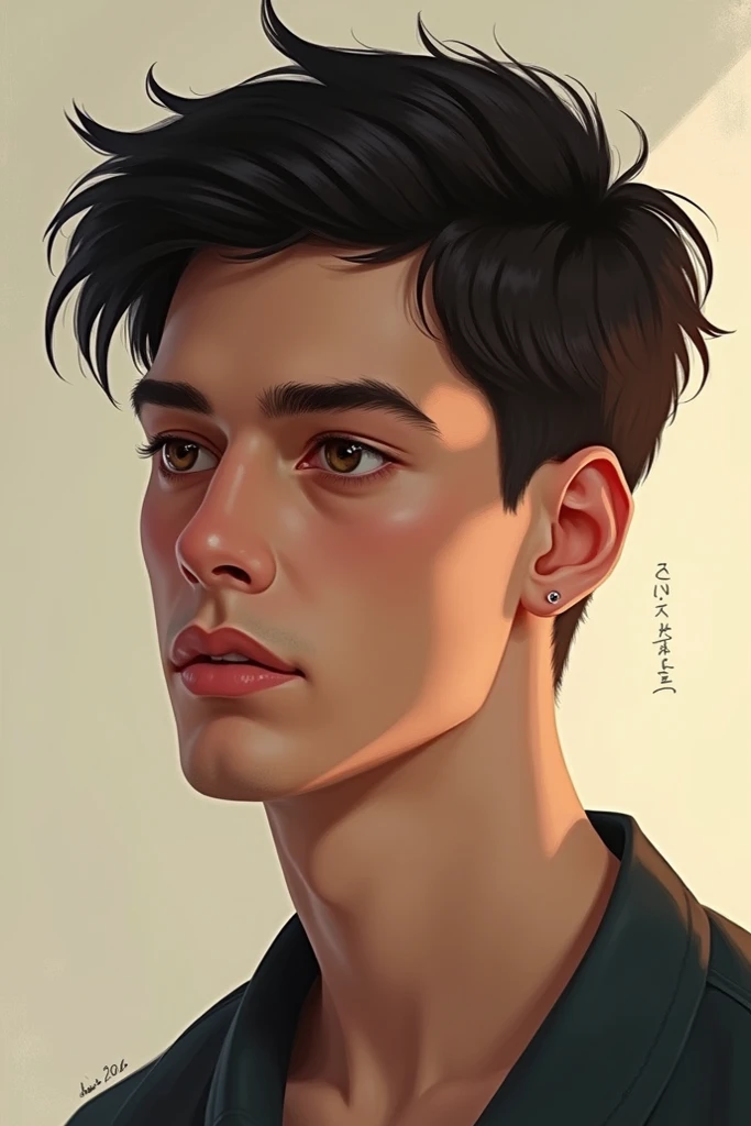 The man has an oval face, with subtly marked cheekbones that give balance to her expression. Her skin is light-toned and shows some acne marks on both cheeks., which are visible but not exaggerated, giving a natural and realistic look to your skin. His eyes are a dark brown color, Medium in size and slightly almond shaped. The character's gaze is serious and introspective, framed by straight eyebrows, Medium thickness, and well defined. The eyebrows are thick and placed in a way that enhances the intensity of her eyes., giving him a thoughtful expression. The nose is straight and thick , with a soft bridge and a slightly rounded tip, harmonizing well with the rest of your facial features. The lips are a little thick and well defined., with a slight natural curvature that gives it a neutral expression, neither smiling nor frowning. The upper lip is slightly thinner than the lower lip.. The hair is completely straight, of a dark black color, and long length. It falls naturally and a little messily on the forehead., lightly covering the eyebrows, and extends to just above the ears on the sides. The hair has a fine texture and a natural shine., with some strands falling over the forehead and this hairstyle is bookish .