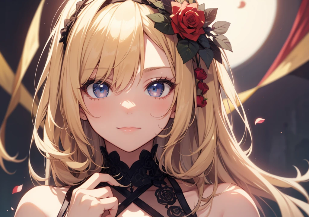 ((middle ages))，Jeizuo，Maximum quality，((The dark))，((Beautiful animation))，((Super-Resolution))，4K，solo，[A mother，Flirtatious，mature，Blonde，Wearing a lace dress::0.9]，(Scattered red and blue rose petals)