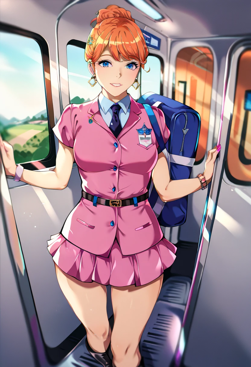 score_9, score_8_up, score_7_up, score_6_up, score_5_up, score_4_up, flight attendant,(solo:1.3), microskirt and boots uniform,orange and pink dress,smile,airplane interior,dynamic angle,depth of field,chromatic_aberration,very aesthetic,absurdres,