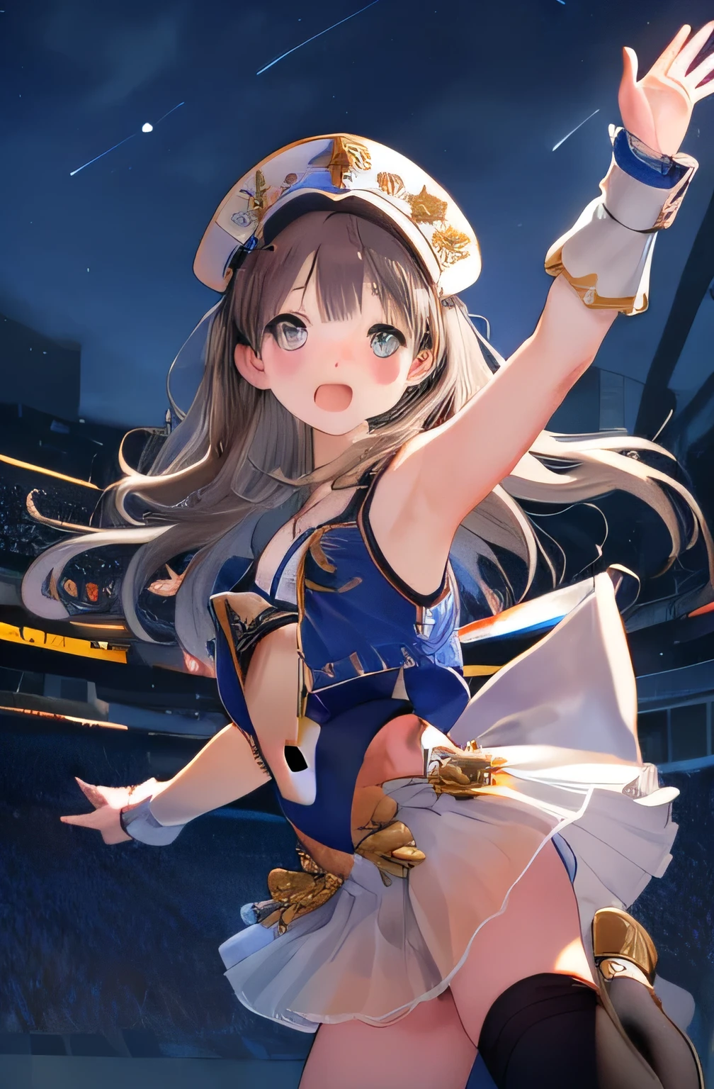 nsfw. She's wearing a cheerleader costume with a cute design, and her miniskirt and bright bow are eye-catching. The background is a soccer stadium illuminated by the night sky, and the lighting creates a dramatic atmosphere. She is cheering in a pose with one leg raised high. White panties are visible. BLACK HIGH SOCKS. ( Masterpiece , best quality, 8k, RAW photos , beautiful、And aesthetic :1.2), 