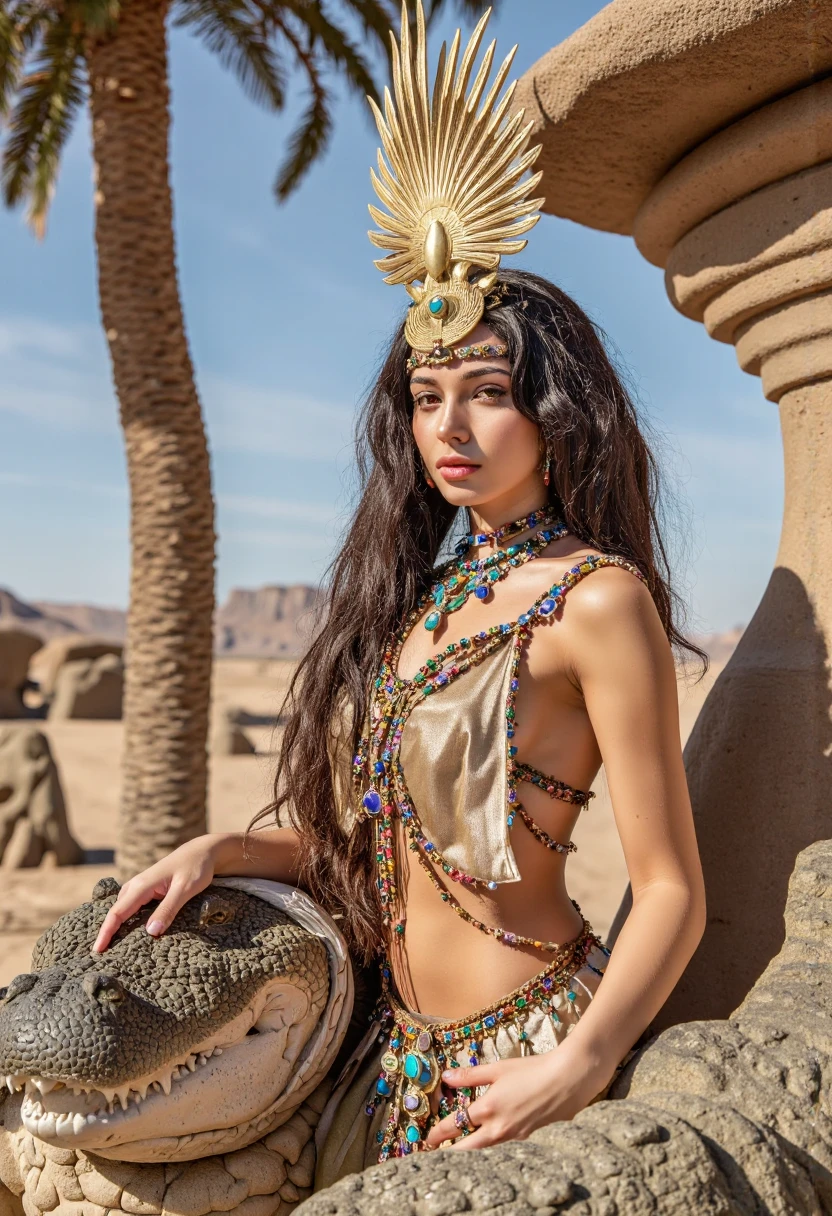 hyper realistic, ultra detailed photograph of a woman wit? in futuristic headwear inspired by an ancient Egypt queen, Cleopatra headwear, Womens Black Egyptian Goddess Cleopatra Costume with gold decorations, snake, gold, silver, stones, scarab beetle, microchips, integrated electric circuits, brown skin, slim body, dark hair, latina, Salma Hayek look, golden hour, warm sunlight fractal details, full body pose, natural pose, full body pose, depth of field, HOF, hall of fame, detailed face, model facing camera, beach with palm trees, orange sunset, orange sun, tropical beach, professional photographer, captured with professional DSLR camera, ultra detailed, ultra accurate detailed, bokeh, cinematic, intricate, epic, freckles, detailed mascara,