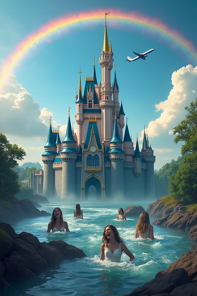 masterpiece, best quality, epic landscape, (high fantasy:1.1), background:(castle in the clouds, located at an island in center of sea, dusk, full moon, milky way 🌌 in sky). Foreground: ( 2girls sisters fairy, Victorian, multi age teens, age from 9 to 14, young child look, playing at the beach, cleavage, glowing shape , highly detailed, artgems, captured in the style of a (((greg rutkowsky))) painting. masterpiece