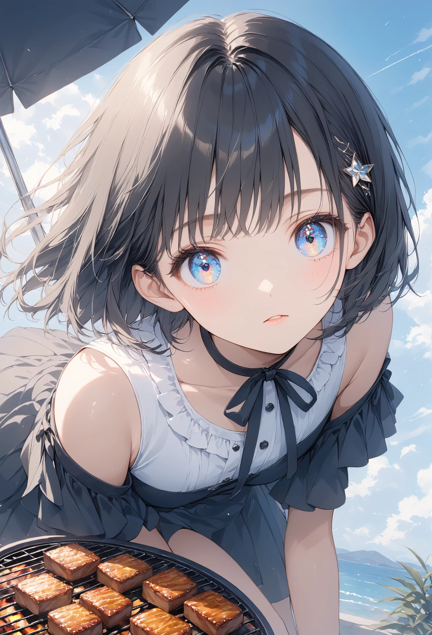 Masterpiece, high quality, high tonal range, high resolution, 16K, KyoAni illustration, background detail, digital painting, hyperrealistic, petite woman, young woman, beautiful face, long eyelashes, fair skin, full body, bare shoulders, thin legs, short black bob with hair decoration, idol, plain clothes, sparkling eyes, big eyes, BBQ , cinematic effect, cinematic angles