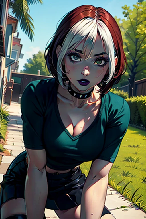 (masterpiece, best quality, ultra-detailed), 1girl, RogueXME, two-tone hair, (red hair), white bangs, green eyes, purple makeup, purple lipstick, choker, studded collar, medium breasts, green shirt, black skirt, mini skirt, all fours, grass, trees