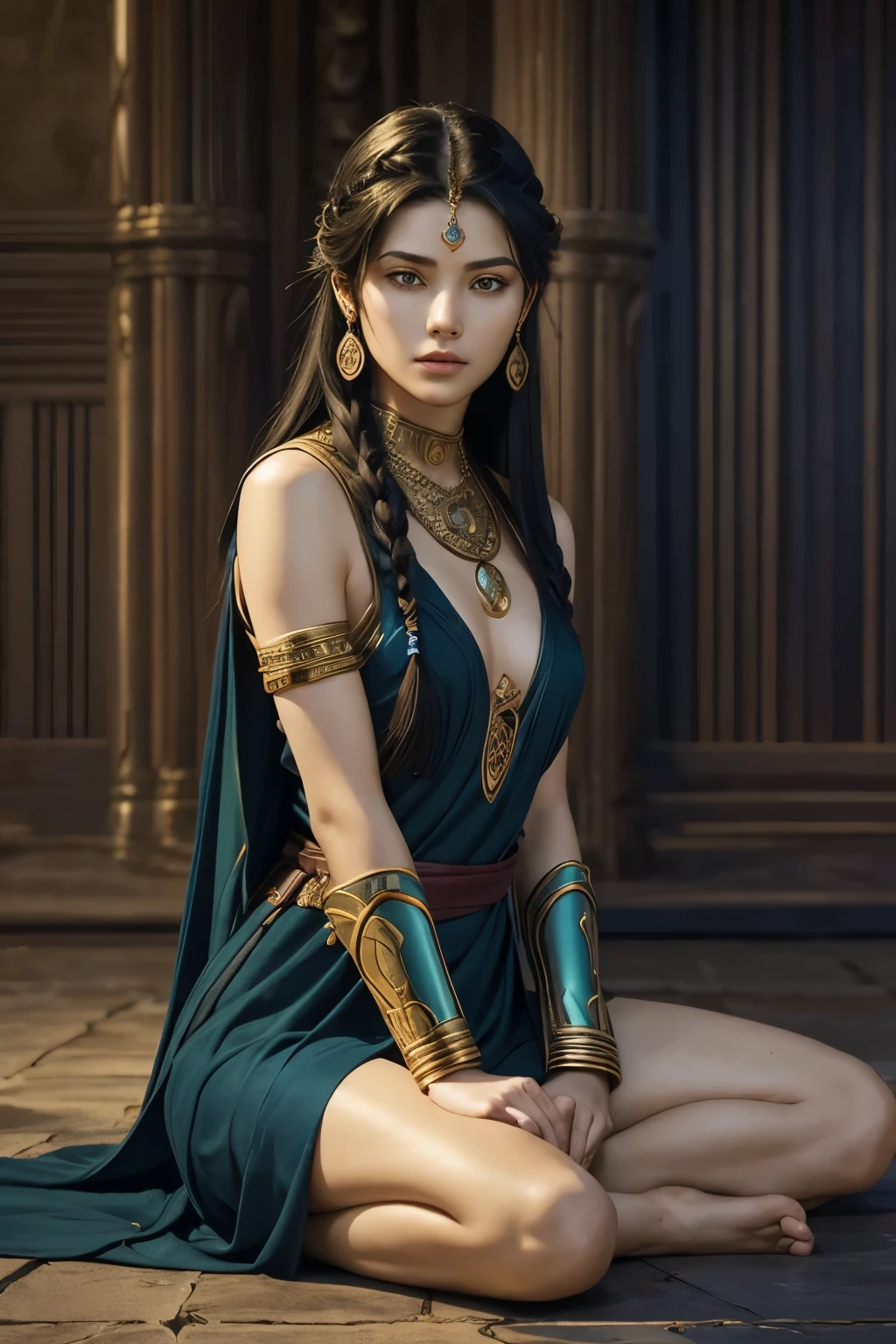 ((Full-body)), semi-realistic depiction of a Bronze Age female warrior from the Orlanthi culture in the Glorantha setting. ((sitting with legs crossed with a relaxed pose and contemplative demeanor)), looking calmly to the left in a thoughtful side profile. Her attire includes a vibrant Orlanthi tunic with accents of blue, green, and gold, reflecting her cultural heritage, and light leather and bronze accessories that hint at her role as a warrior. Her long black hair is intricately braided, draping neatly over her shoulders, and her expression is serene and introspective. Subtle jewellery, such as a small pendant and armbands, adds to her understated elegance. Her white skin contrasts beautifully with her colorful tunic and dark hair. 