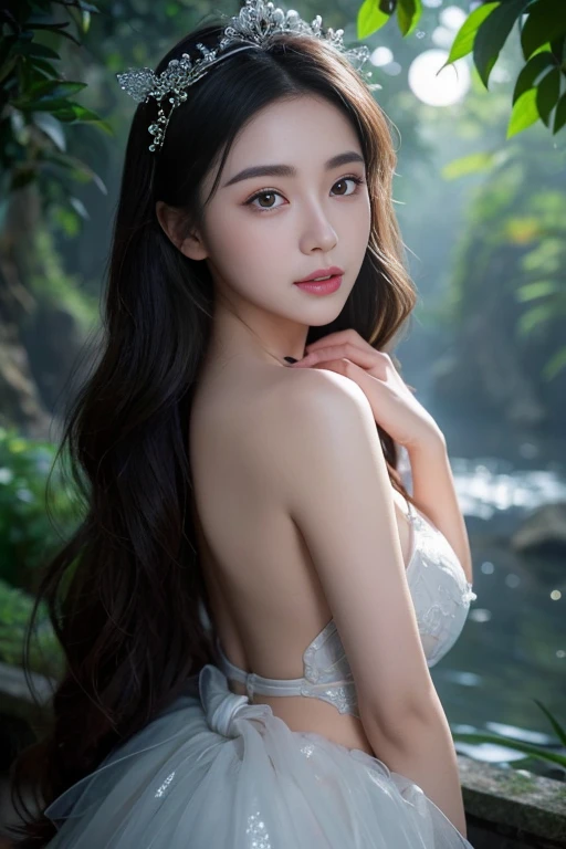 best quality, masterpiece, Ultra-high resolution, A supermodel soaks in a hot spring in Japan, Outdoor hot spring, Stone hot spring, Surrounded by moss and trees, Super beautiful face, Pure body, Clearly visible pores, (Smile:0.8), Wearing separates (Lace headband:1.2), (realism:1.5), original photo, Wet body, Sweating all over, Bare shoulders, in the darkness, Deep Shadows, Low profile, Cold Light，full，Front convex and back curved