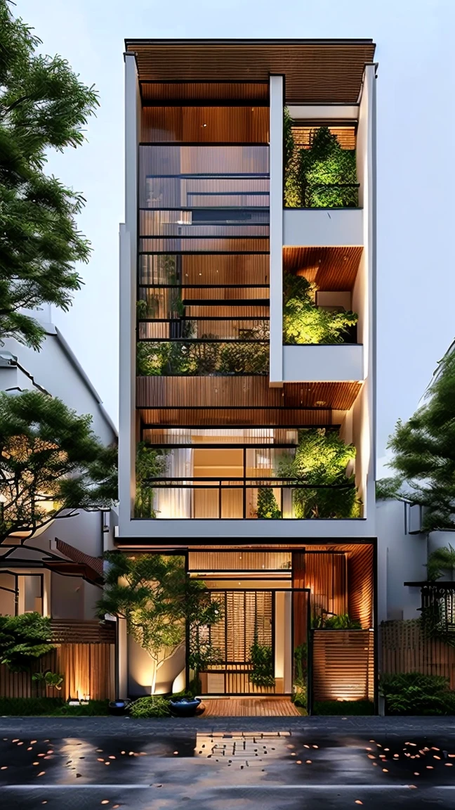 Design a 3-story house with 10 facades, featuring a Zen garden, a walkway on the left side of the house, and a relaxation corner with tatami mats and a low tea table. Bamboo fence, sliding gate. Interior: Living room, combined kitchen, bedroom, bathroom. Colors: White, brown, green. Materials: Wood, wallpaper.