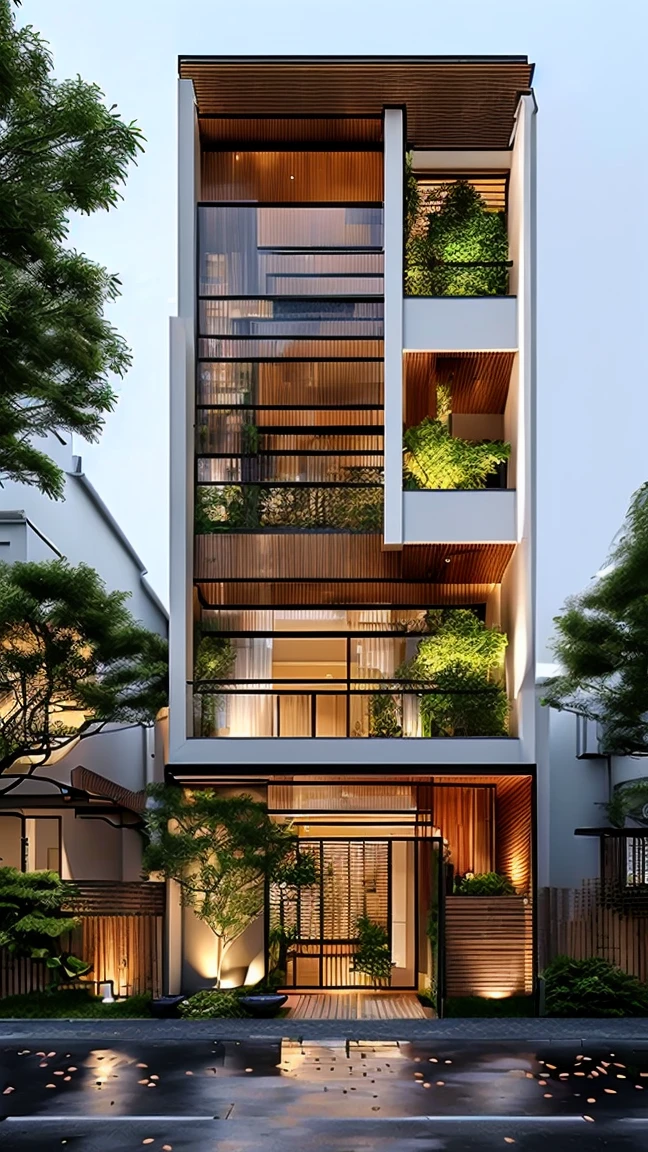 Design a 3-story house with 10 facades, featuring a Zen garden, a walkway on the left side of the house, and a relaxation corner with tatami mats and a low tea table. Bamboo fence, sliding gate. Interior: Living room, combined kitchen, bedroom, bathroom. Colors: White, brown, green. Materials: Wood, wallpaper.