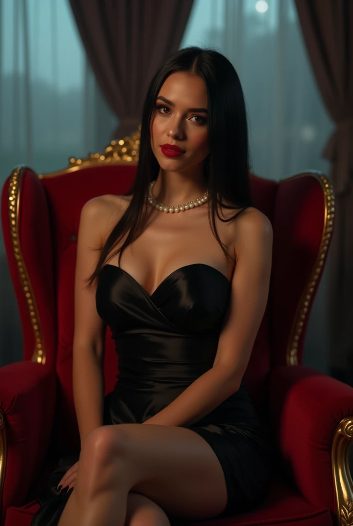 sexy latina woman with big breasts,sitting on a throne biting a bullet