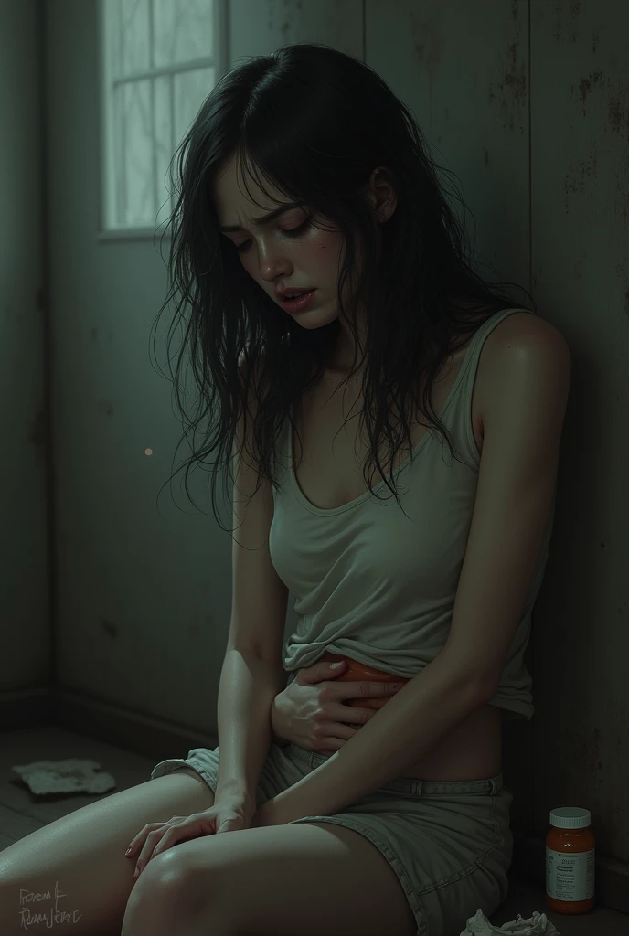 best image quality, masterpiece, super high resolution, (fidelity:1.4), photo, 1 girl, white shirt, torn jeans, white sneakers, dim, darkness, despair, pity, poor, movie, tears, teardrops, (torn clothes:1.5), (wet clothes:1.4), bare shoulders, real rain, wet hair,..