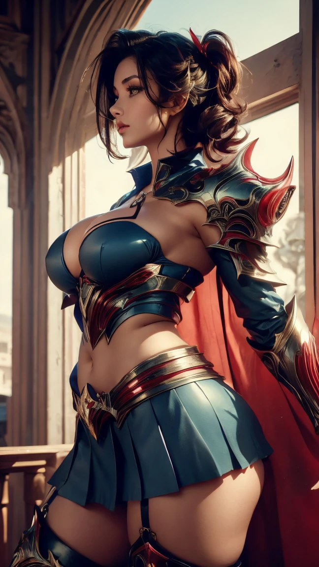 30 year old woman, blue superhero armored costume with red pleated mini skirt, short red capelet, teardrop shaped medium breasts , blue/red gauntlets, red/ blue boots, yellow trims and hems, teardrop shaped medium breasts, shoulder length right side-parted wavy bob black hair and a perfect body, thicc curvy milf body, keyhole cleavage, she has the aura of a Greek goddes