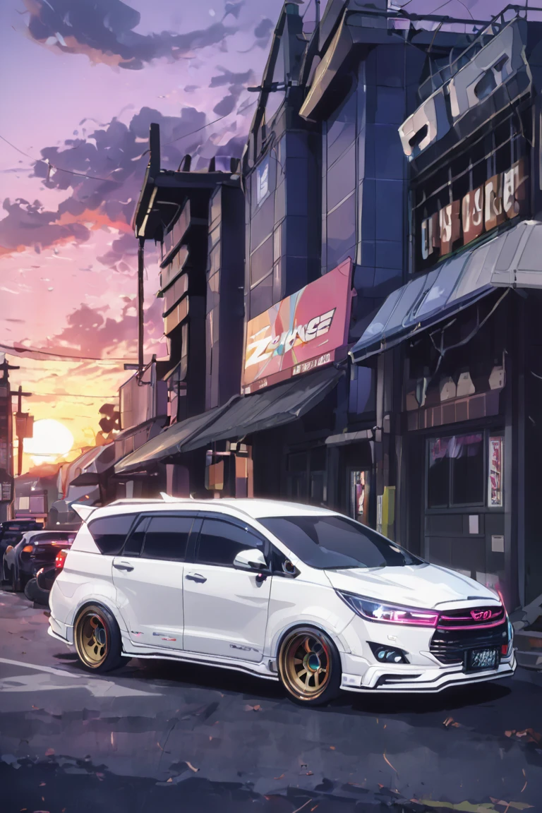 realistic, white Toyota Innova Reborn TRD,cinematic,
cyberpunk (((retro zeekars))) (with glowing rims), glowing eyes, drift,smoke tires, sunset in japan, two tone color