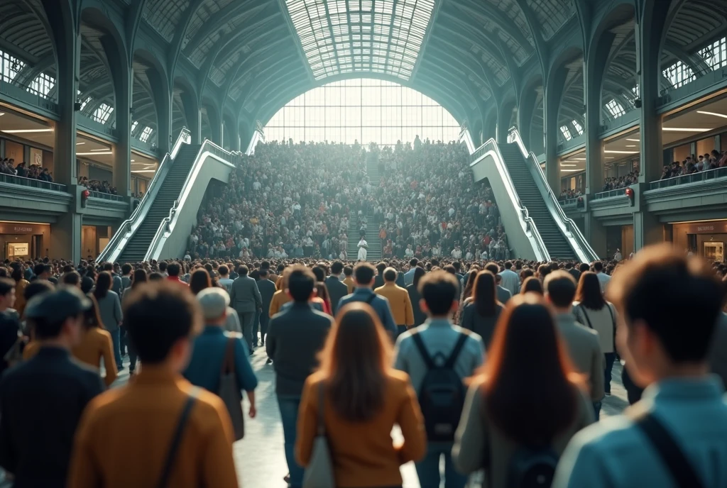 ((masterpiece, highest quality, Highest image quality, High resolution, photorealistic, Raw photo, Extremely detailed CG unified 8k wallpaper)), Busy Train Station, Tstation interior, morning rush hour, crowded with many office workers and students, stairs leading to the platform, view from below, view from behind, motion picture, blur,