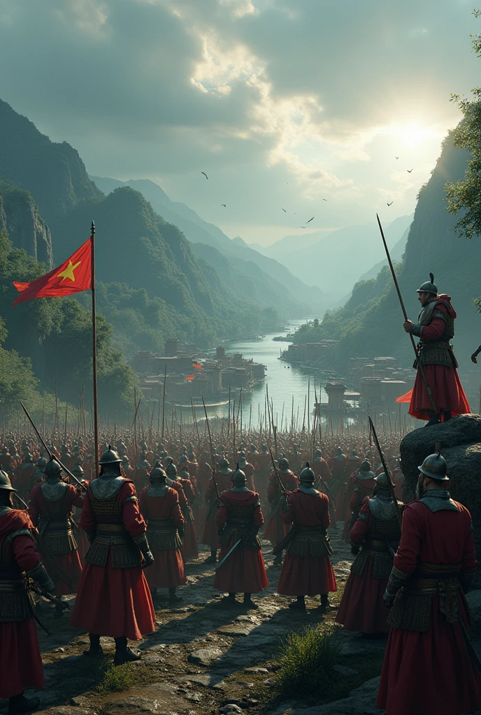 Pictures of the ancient battlefields of the three kingdoms of China, the battle time is in the evening, there needs to be a battle scene of thousands of troops, the battlefield is full of fire, this is a siege scene, you need to have city walls and towers.
