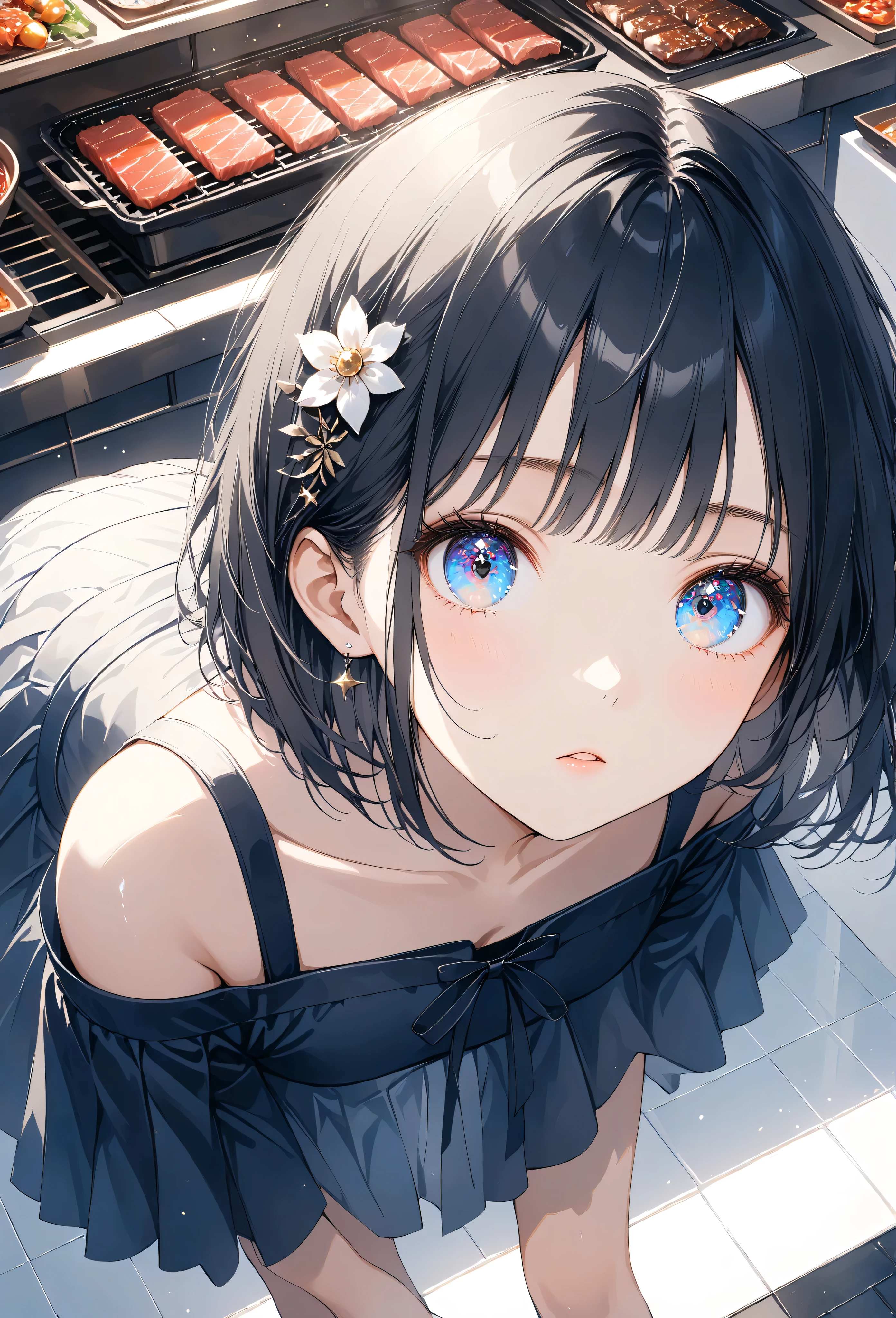 Masterpiece, high quality, high tonal range, high resolution, 16K, KyoAni illustration, background detail, digital painting, hyperrealistic, petite woman, young woman, beautiful face, long eyelashes, fair skin, full body, bare shoulders, thin legs, short black bob with hair decoration, idol, plain clothes, sparkling eyes, big eyes, Yakiniku, inside a store, cinematic effect, cinematic angle