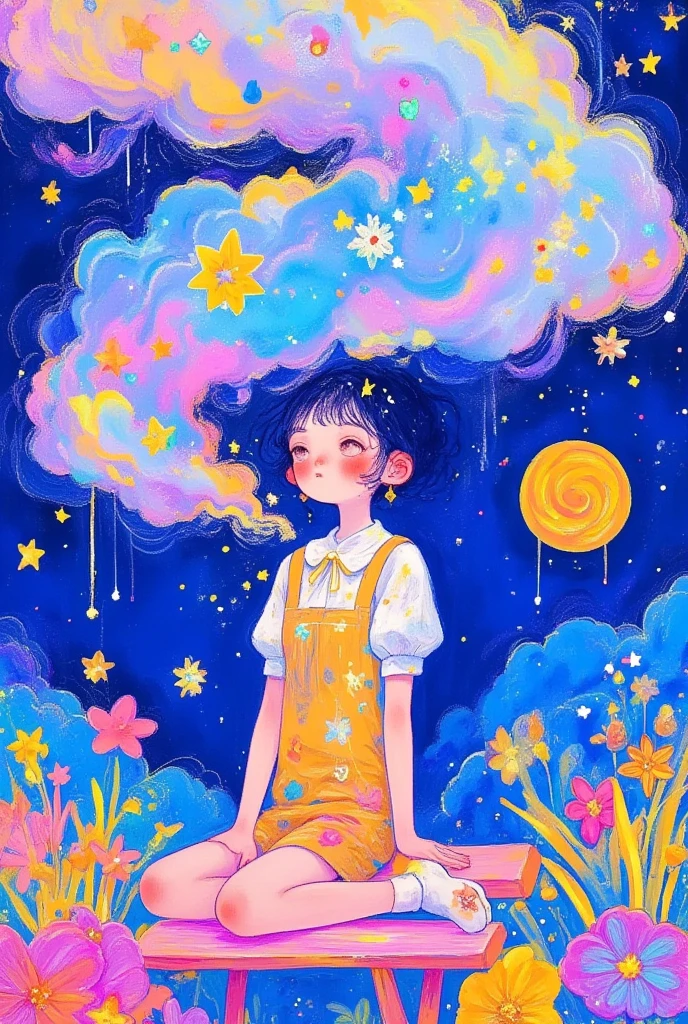  一幅女孩坐在cloud下长椅上的画作, A detailed painting inspired by Mitsuki Tosa , PIXIV TRENDS , fantasy art, Dream illustration , Lovely art style,  lovely detailed digital art , girl cloud, 可爱的数字艺术, 梦幻迷幻动漫, cloud. fantasy, Fantasy Art, fantasy art style,  colorful illustration , anime fantasy illustration