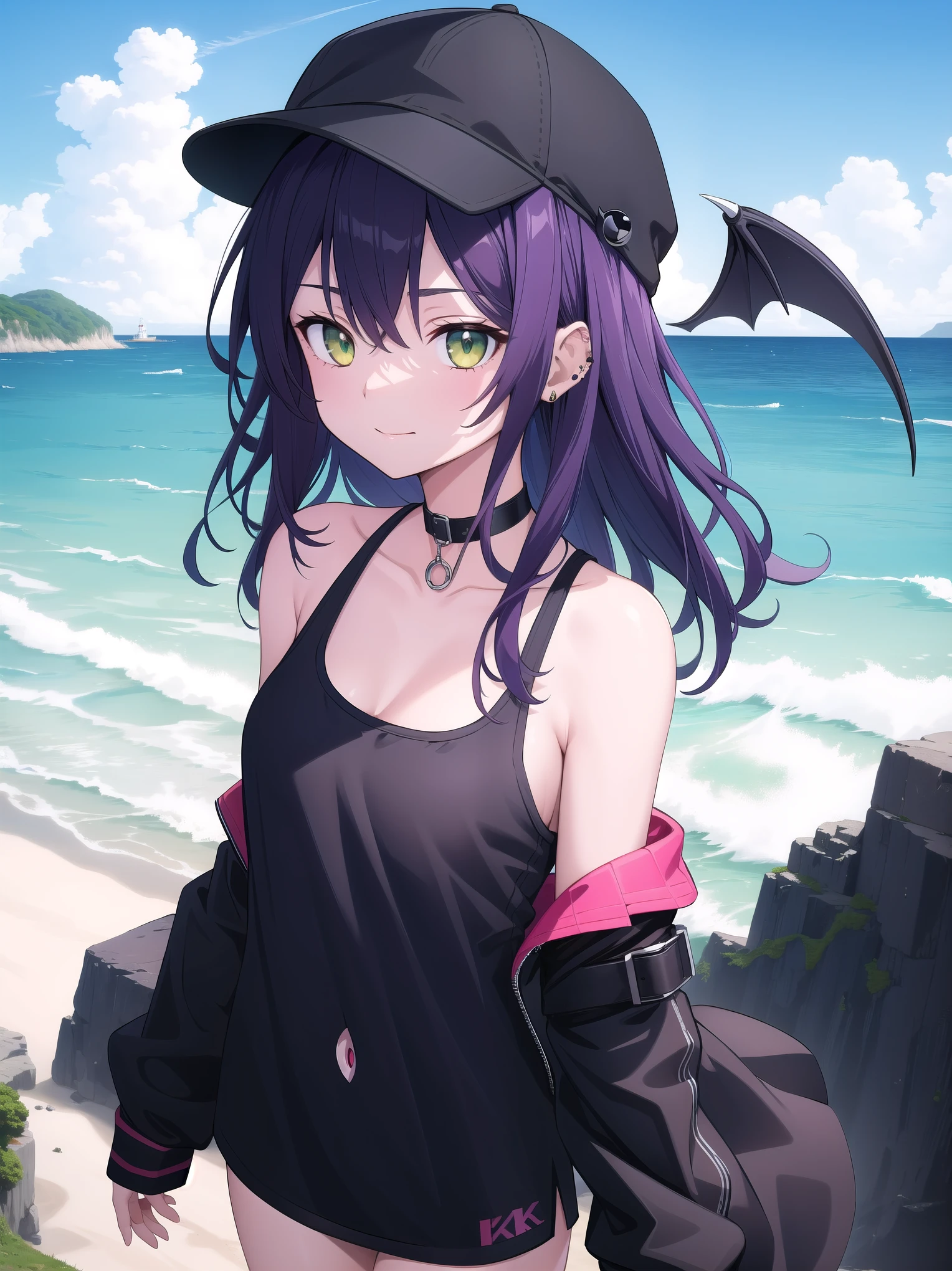 (( Masterpiece )),( best quality), Official Art, Highly Detailed CG, Unity 8K Wallpaper, super detailed,Lighthouse on the cliff、It's by the sea, 1 girl,Alone, upper body,( portrait:1.2),tokoyami towa,Asymmetrical footwear,asymmetrical leg clothing ,Baseball cap, Sports Time , black choker,Black footwear, black headwear, black shorts, black tank top ,colored inner hair, crop top, cropped jacket ,Demon Girl ,Demon's Tail,Ear Piercing,False horns, fishnet legwear,Green Eyes, hair ornament, hair clips, have ,Horned hat, white jacket, long pink hair, Long Sleeve ,abdomen, Mismatched Footwear,pink multicolor hair ,Belly button piercing, off shoulder, Pink Hair,pointy ears,Pink Hair,shoes, long pink hair, Short Shorts ,sidelocks,Single Garter,single thighhigh,smile, striped hair, tail ornament ,tail earring , twin tails, uneven legwear,Strong light, strong highlights ,
