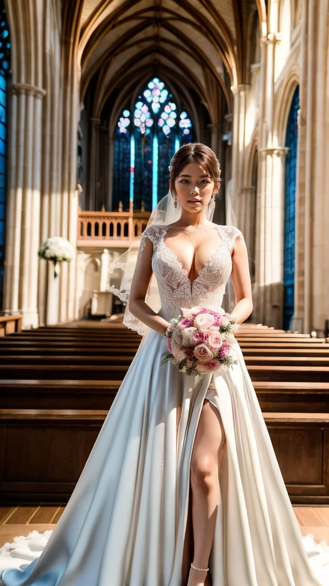 (​masterpiece、high-level image quality、hightquality),prety woman,, Innocent, 18year old, ((slim)), ((flat absinassive biggest huge, 豊満なtits out:1.4), White skin, Black eyes, White transparent bride veil, weddingdress, (sideboob barbosa), (underboob), Golden choker, Holding a bouquet of roses, marriage ring, ((squat in the church)), Sheer panties, Looking at the camera, Smiling, having fun, Happy, tits out,gravure,