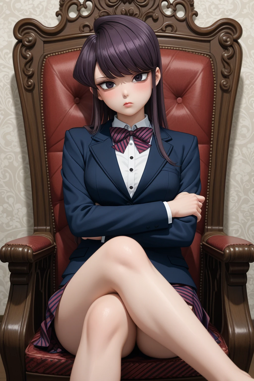 score_9, score_8_up, score_7_up, best background, detailed background, anime screencap, (Shoko Komi:1.8), Main Outfit, indoors, blush, dynamic angle, dynamic pose, tsundere, crossed legs, crossed arms, sitting, throne, tsurime eyes, 