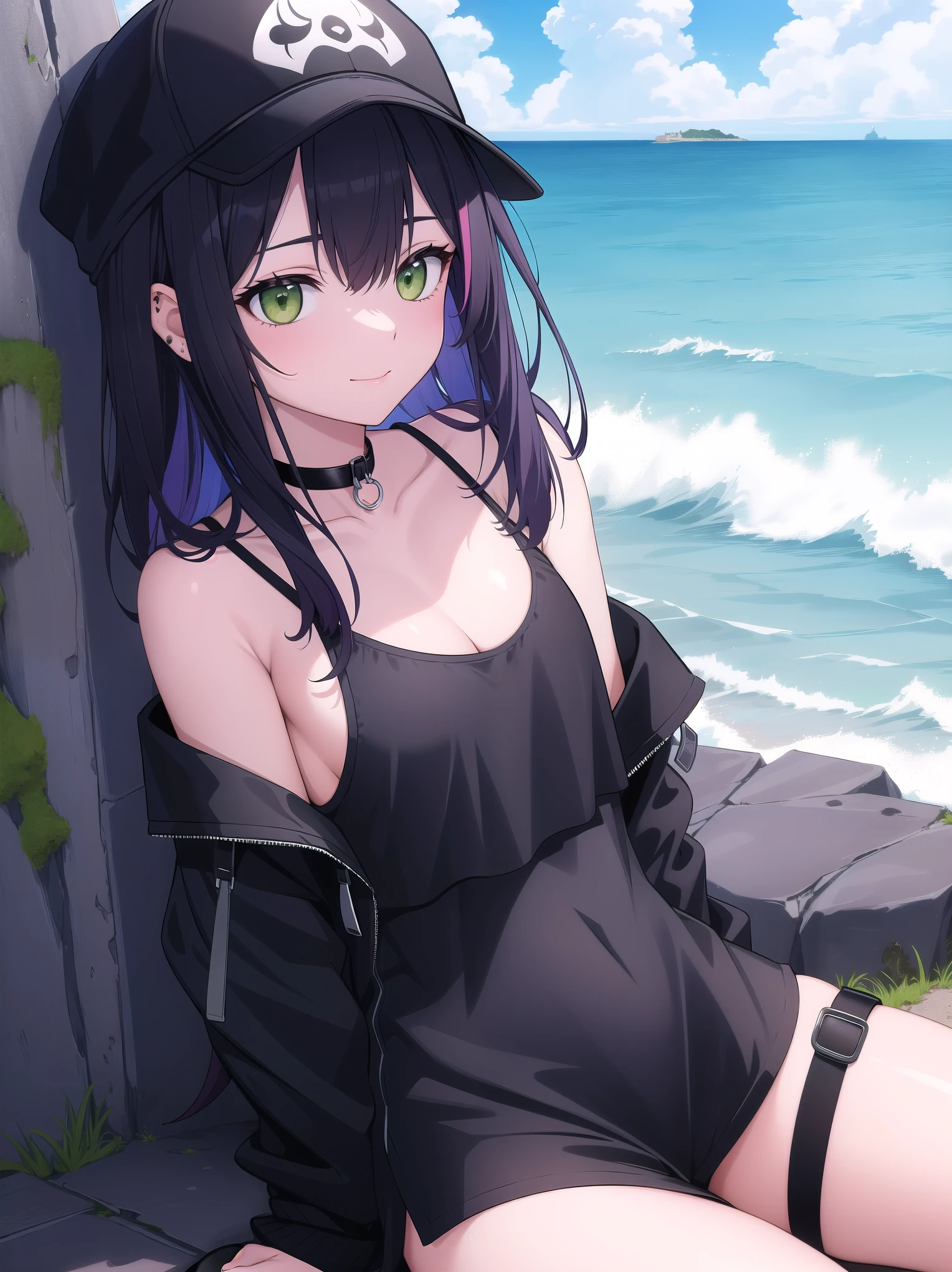 (( Masterpiece )),( best quality), Official Art, Highly Detailed CG, Unity 8K Wallpaper, super detailed,Lighthouse on the cliff、It's by the sea, 1 girl,Alone, upper body,( portrait:1.2),tokoyami towa,Asymmetrical footwear,asymmetrical leg clothing ,Baseball cap, Sports Time , black choker,Black footwear, black headwear, black shorts, black tank top ,colored inner hair, crop top, cropped jacket ,Demon Girl ,Demon's Tail,Ear Piercing,False horns, fishnet legwear,Green Eyes, hair ornament, hair clips, have ,Horned hat, white jacket, long pink hair, Long Sleeve ,abdomen, Mismatched Footwear,pink multicolor hair ,Belly button piercing, off shoulder, Pink Hair,pointy ears,Pink Hair,shoes, long pink hair, Short Shorts ,sidelocks,Single Garter,single thighhigh,smile, striped hair, tail ornament ,tail earring , twin tails, uneven legwear,Strong light, strong highlights ,