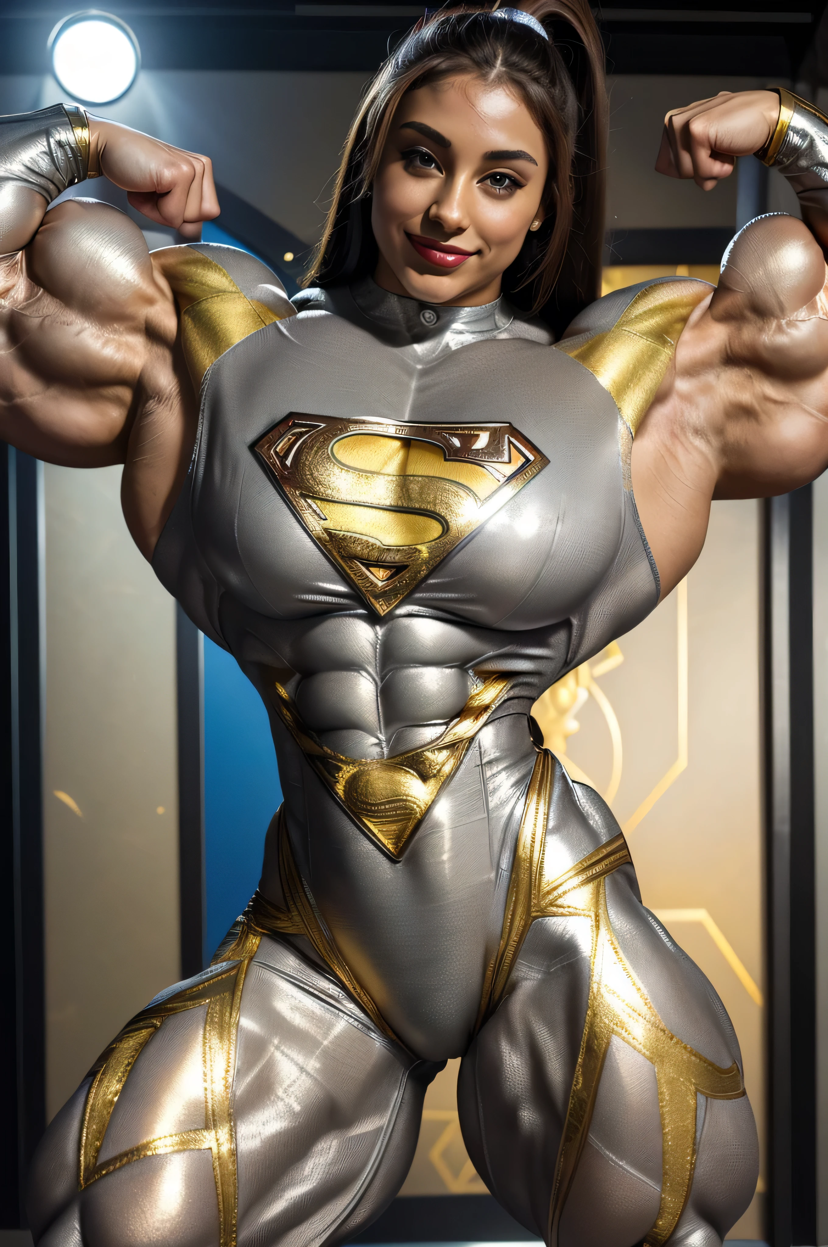 1 adult woman，mature and beautiful，muscle bodybuilder , (masterpiece, best quality:1.37), ultra-detailed:1.37, hyper-sharp:1.37, anime style, An illustration of a female bodybuilder, The female bodybuilder is 2m tall and has a muscular build. A female bodybuilder wears a 健美 outfit, exposing her muscles. A female bodybuilder is standing on the stage, seductive smile, closed mouth, black hair, bodybuilder fashion, looking the viewer, view viewer,sexy pose，perfect body，detailed face