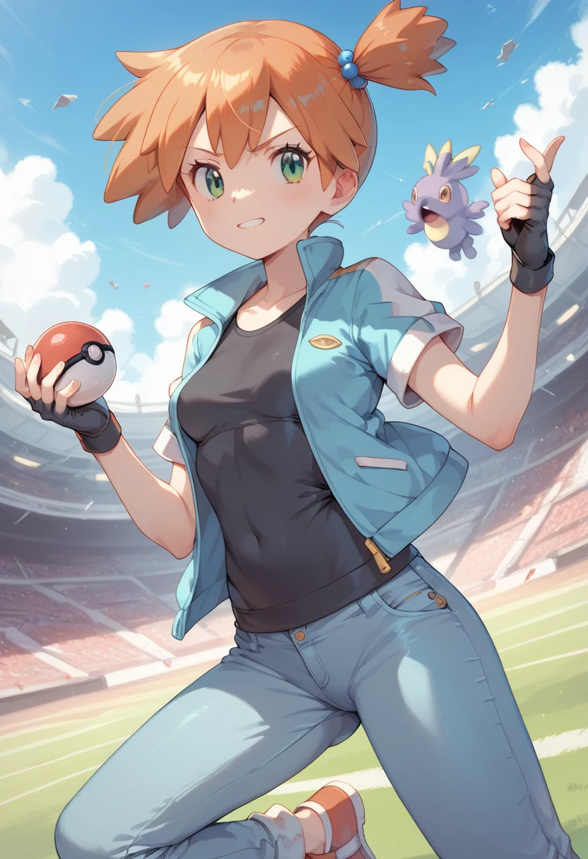 Character Misty_pokemon , Berry Short,Orange Hair, one side up hair ,Big green eyes,Small breasts ,Skinny .pokemon. blue jacket, track jacket, popped collar, black shirt, short sleeves, grey pants, jeans, denim, black gloves, fingerless gloves, PokeBall, battle , maniac, different expression