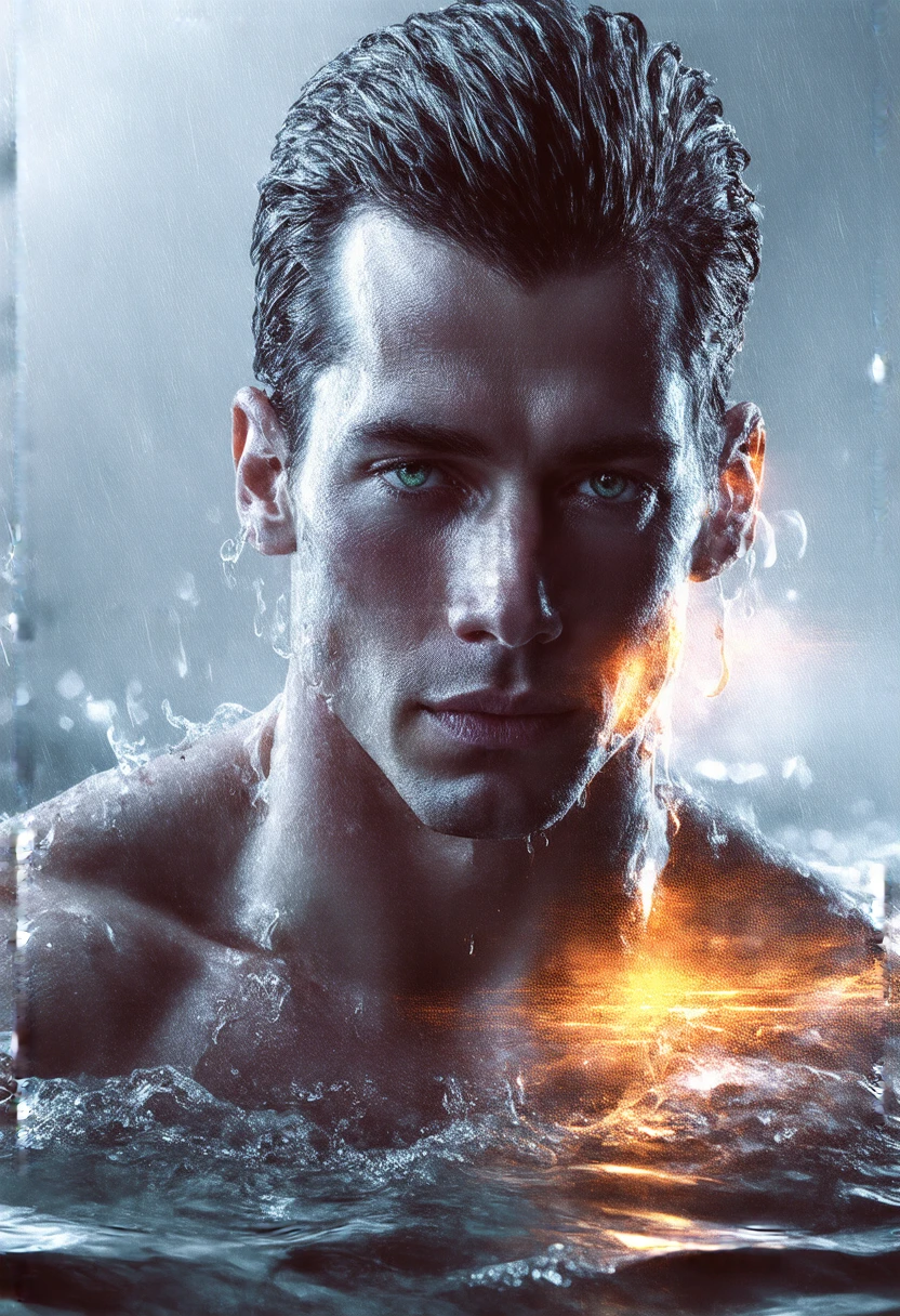 closeup on a stunning gorgeous American man coming out of the swimming pool at midday, his fingers on his hair. he has attractive clear green eyes, beautiful wet hair, perfect jawline, pointy nose. he's masculine, h'es perfect, breathtaking. the droplets of water all over his face are sparkling like liquid gold. it's a hot summer. the sun is shining right on top of him. he's submerged into the sunlight. next to him is a mirror that reflects the rays of the sun on him. photorealistic, very detailed details.