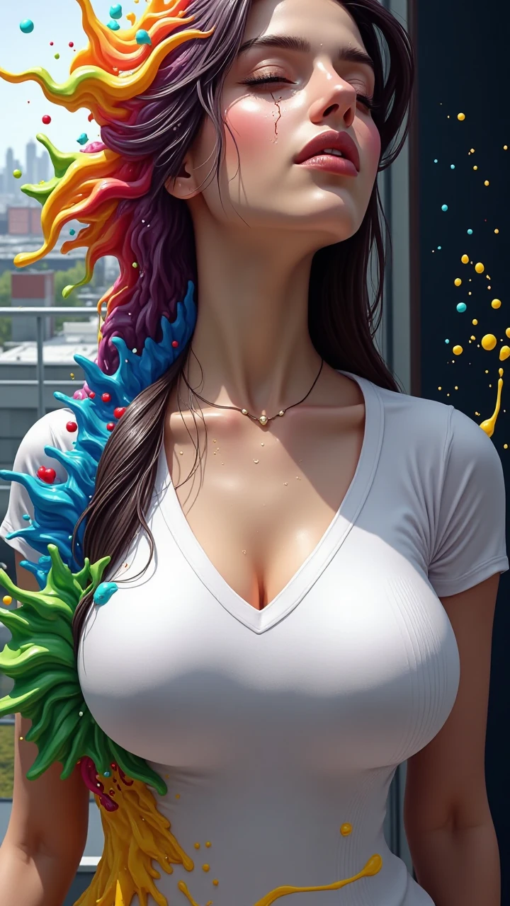 (level difference:1.8),(Paint colliding and splashing on the canvas),(depth of field),1girl's side face blends into it,((side face)),open mouth,(liquid paint rainbow hair:1.1) made of paint and defies gravity,thick flowing,(paint splatter:1.3),Liquid state,stunningly beautiful, masterpiece, detailed background,ultra high quality model, ethereal background,abstract beauty, explosive volumetric, oil painting,heavy strokes,Romantic lighting,Sub-Surface Scatterring,lens 135mm,f1.8,glow,8k,high resolution, dreamy,ray tracing,hdr,god rays,((( big hips, breast)))