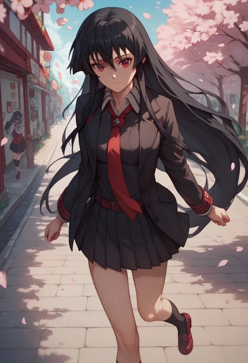 1girl, solo, Japanese school uniform with red ribbon, akame, long hair, black hair, red eyes, standing on a quiet street, cherry blossoms falling, highly detailed