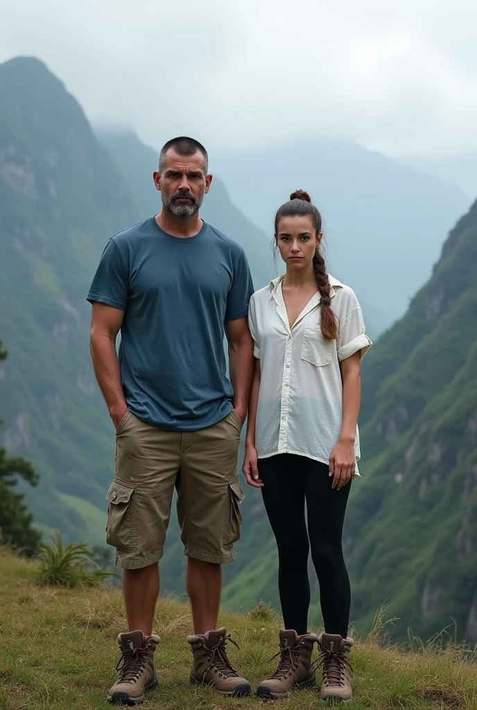 (21 year_old woman <lora:MCZ:0.6> wearing shirt shorts black fishnet hiking boots and a choker) and (61 year_old man in a ranger uniform) walking through the woods, natural walk through woods background, ([surprise|pleasure] face), NSFW, indoor lighting, (hdr), 8k, ultra-detailed, dynamic angle, dramatic angle, best quality, ((coy smile)),