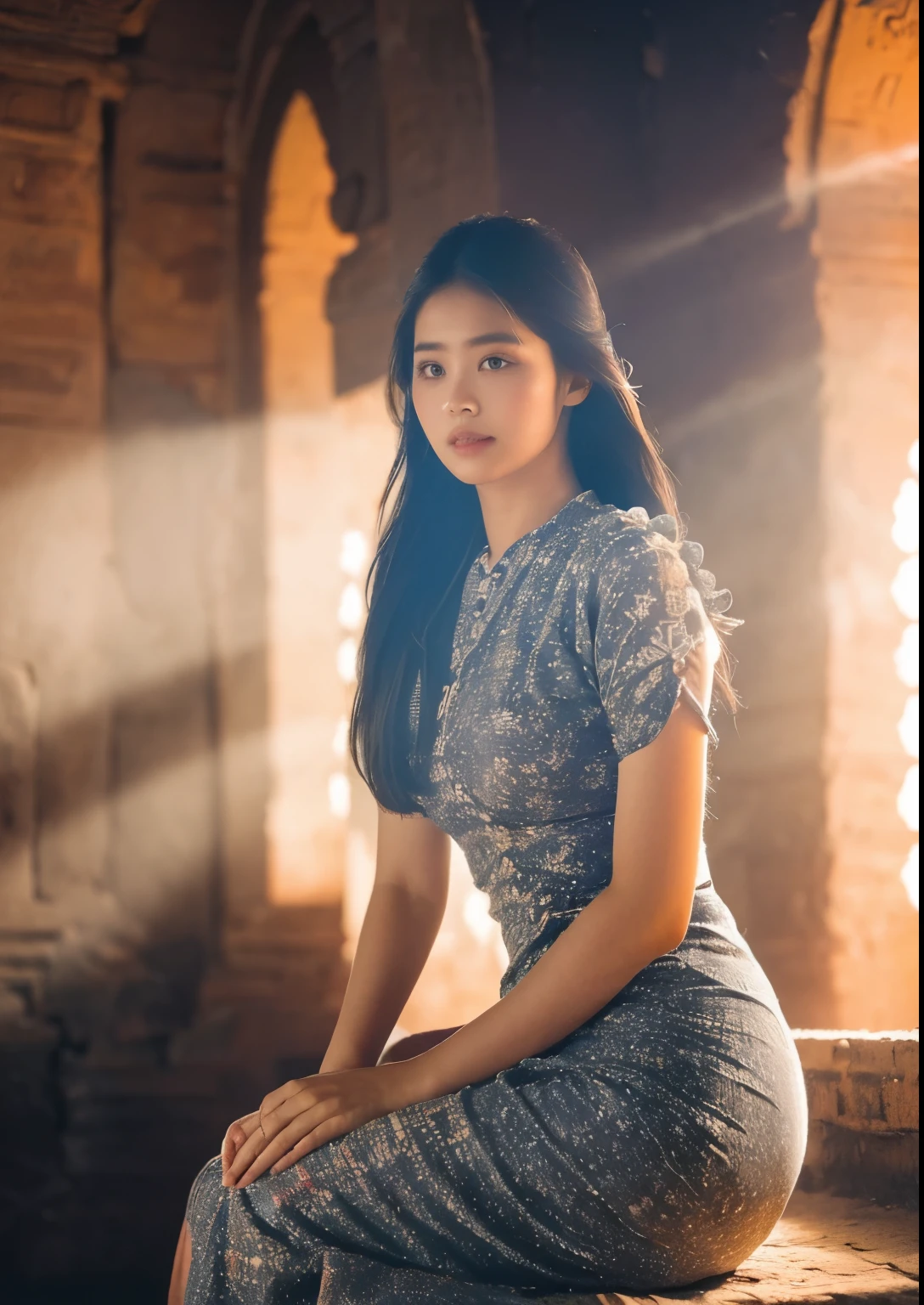 1girl, sitting in front of ancient Bagan Bagodas, Myanmar, beautiful detailed eyes, beautiful detailed lips, extremely detailed face, long eyelashes, cute, sweet, above Burmese outfit dress, sunlight, cinematic lighting, vibrant colors, highly detailed, photorealistic, 8k, best quality, masterpiece