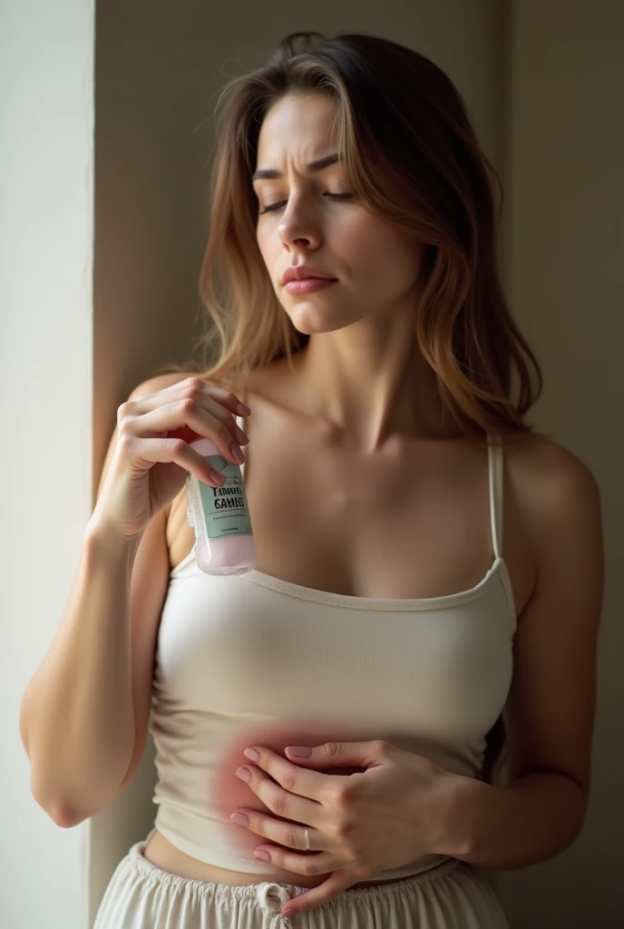 A woman holds an unlabelled clear plastic bottle between her breasts