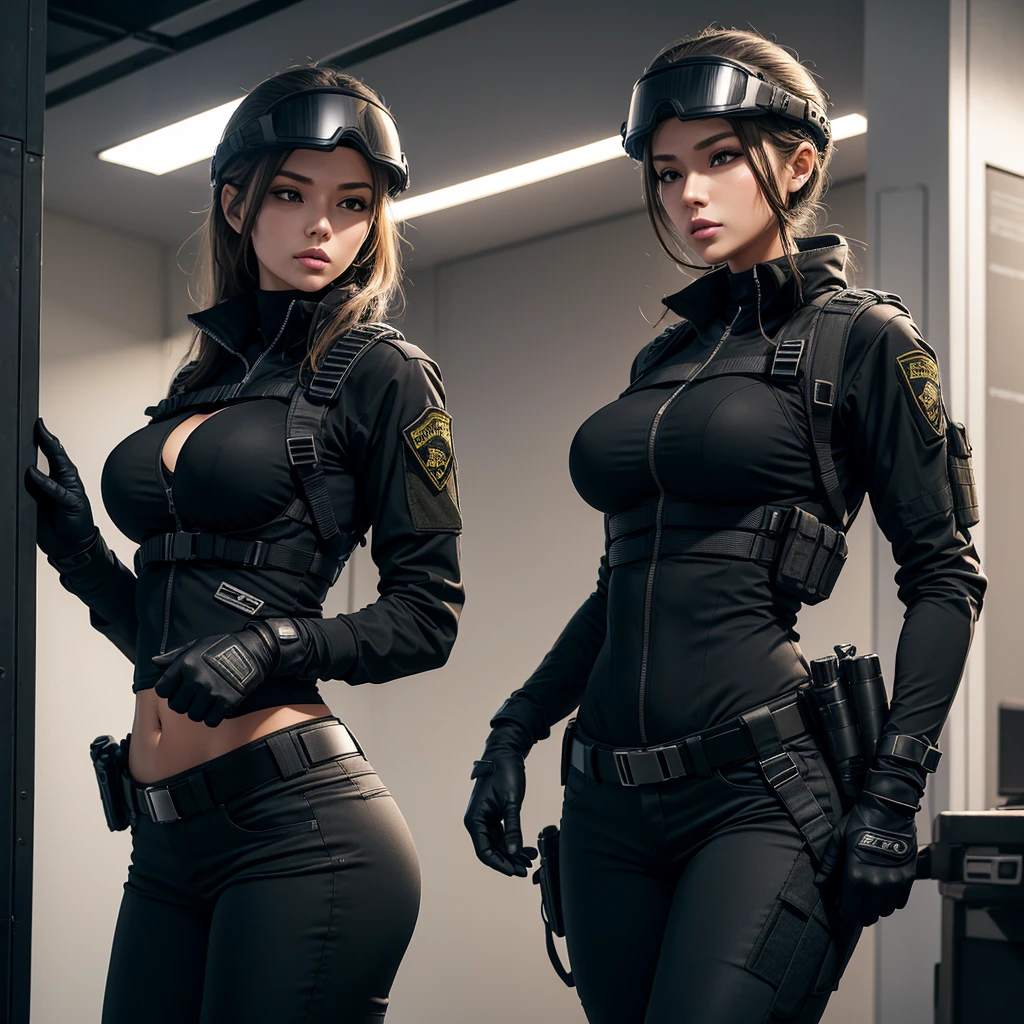 sexy police squad inside police station locker room while getting dressed and preparing for mission with weapons and handcuffs, Wear a sleeveless latex dress or suit, Usando meias com ganchos, cinta-liga, Minissaias, Botas de couro com salto alto acima do joelho, use maquiagem pesada, Batom intenso, e delineador, Rabo de cavalo longo e reto, mostrando contratempos, tiro de corpo inteiro, Funda ajustada con la pistola, algema