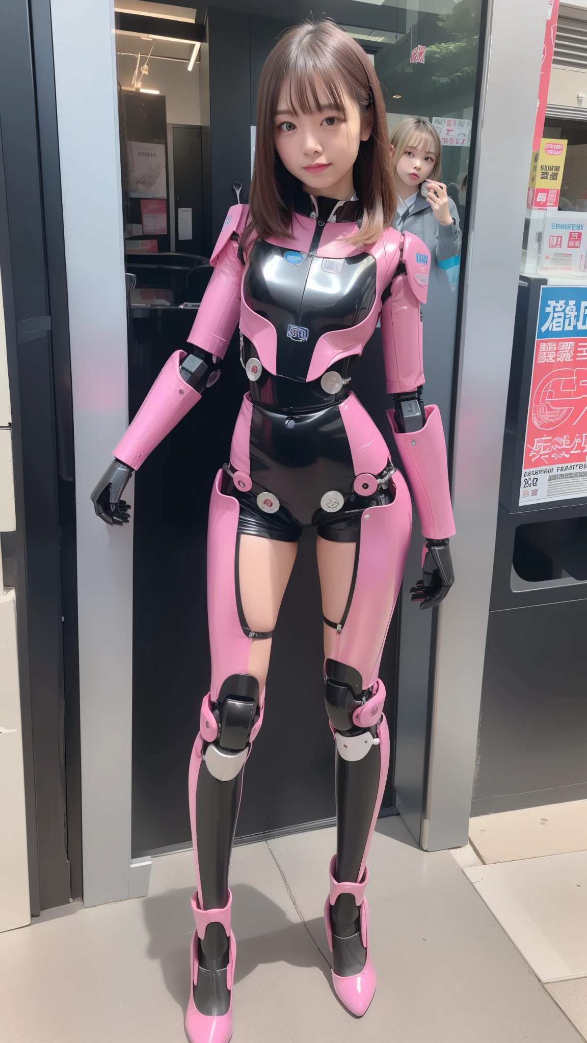 Robot Girl, pink there, Silver, Metallic body, Robot Parts, Metal Parts, Super Detailed Face, Super well-formed face, of the highest quality, a small face, a small head, Brown hair, Slender body, Camera gaze, Internal Mechanical Exposure, Idol, front facing, Well-proportioned body, sale, Exhibited, Event Hall, Moe Pose, pink metallic Lolita dress machine armor, Standing with legs open, Model body type, sad, Embarrassing,(Perfect Robot Girl),(Perfect machine body)