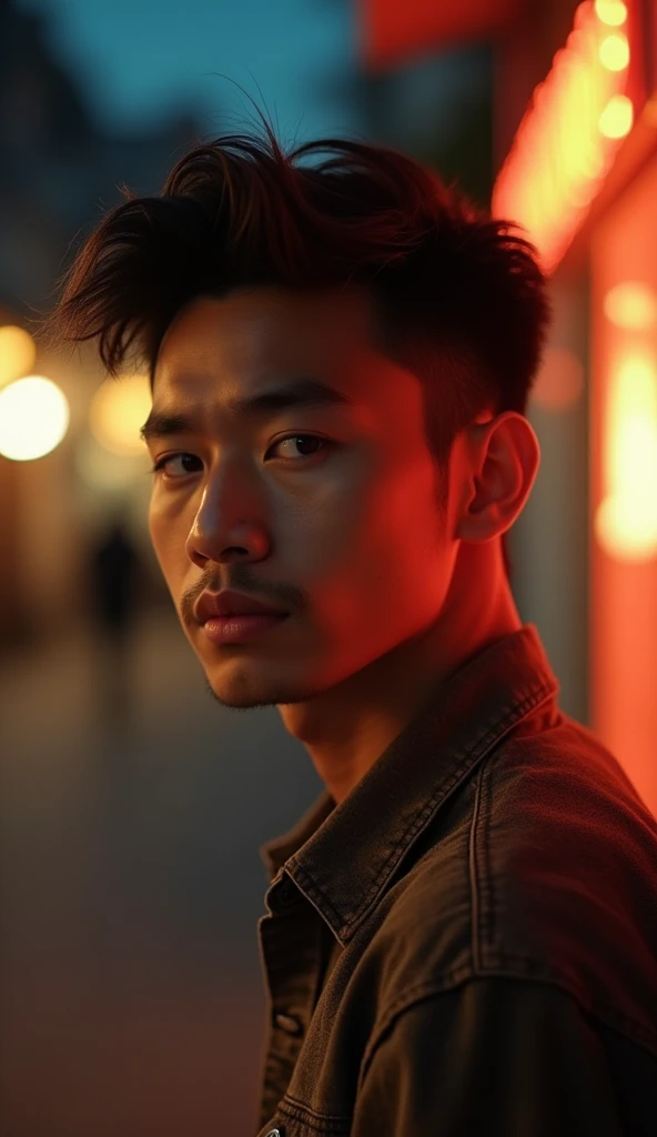 25 year old chinese man, handsome, night view, heavy breathing, bokeh, motion blur, night photo, polaroid photo, Fujifilm Provia 400x